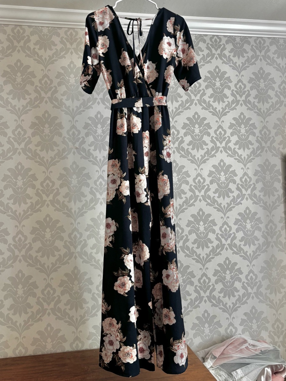 Striking Navy Floral Faux-Wrap Tie-Back Belted Wide Leg Jumpsuit